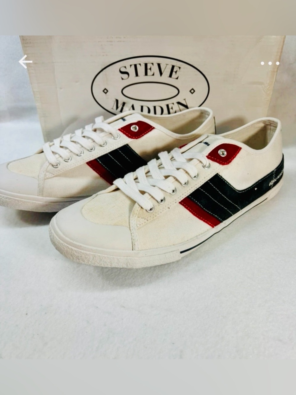 Sz 11 / EU44 Steve Madden Men's White Canvas Sneakers Black & Red Trim Hernandez